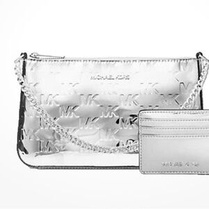 Michael Kors Jet Set Patent Logo Debossed Pochette + Card Case Silver Gift Set